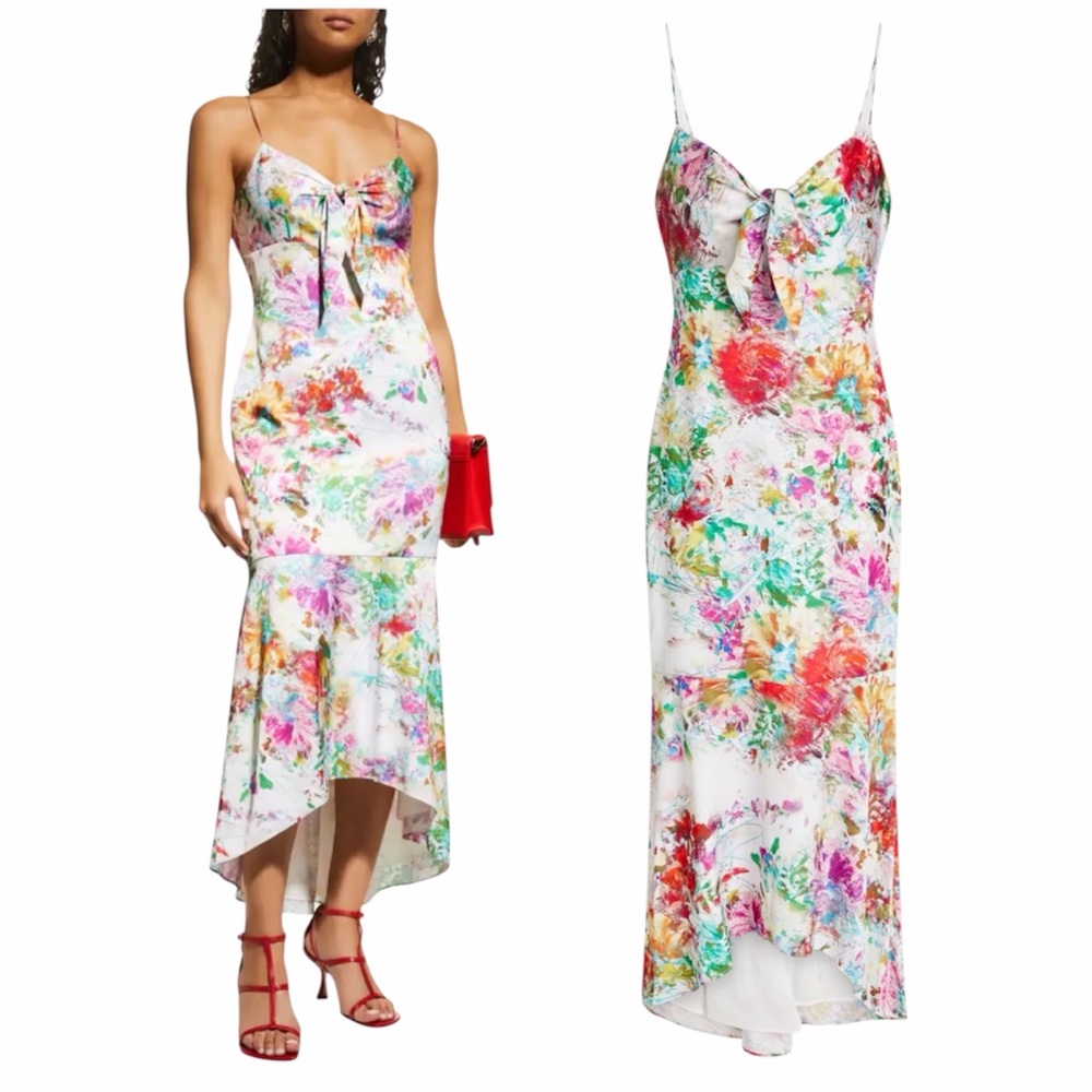 Aidan by Aidan Mattox White Satin Printed Maxi Dress Sz 12 Floral Garden Romance